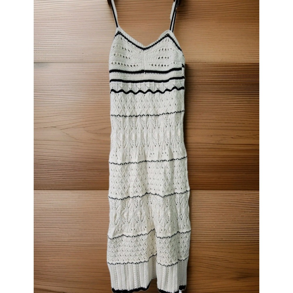 Sunfere Knit Midi Dress Women's Cream‎ Black Trim Sleeveless Crochet Boho NWT